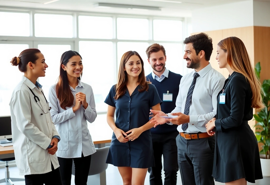 Grup de specialiști Nutriexpertb zâmbitori și interacționând