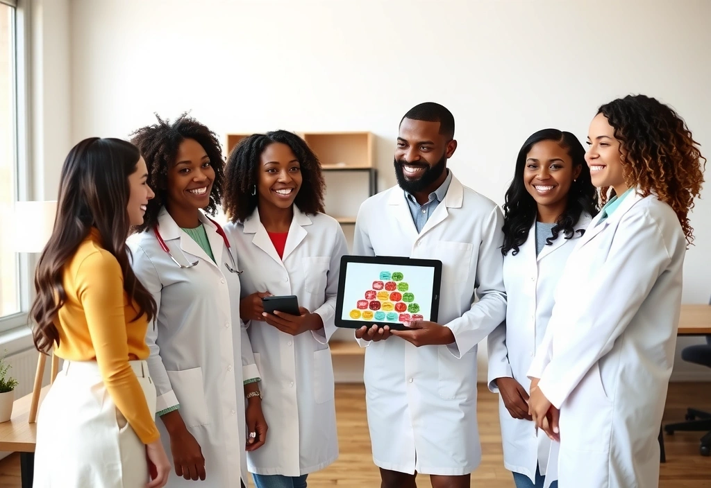 Echipa Nutriexpertb zâmbind și discutând despre nutriție