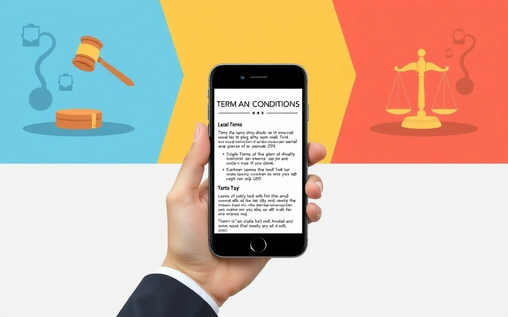 O mână care ține un smartphone afișând termenii și condițiile de utilizare, cu fundal de elemente digitale și juridice stilizate.