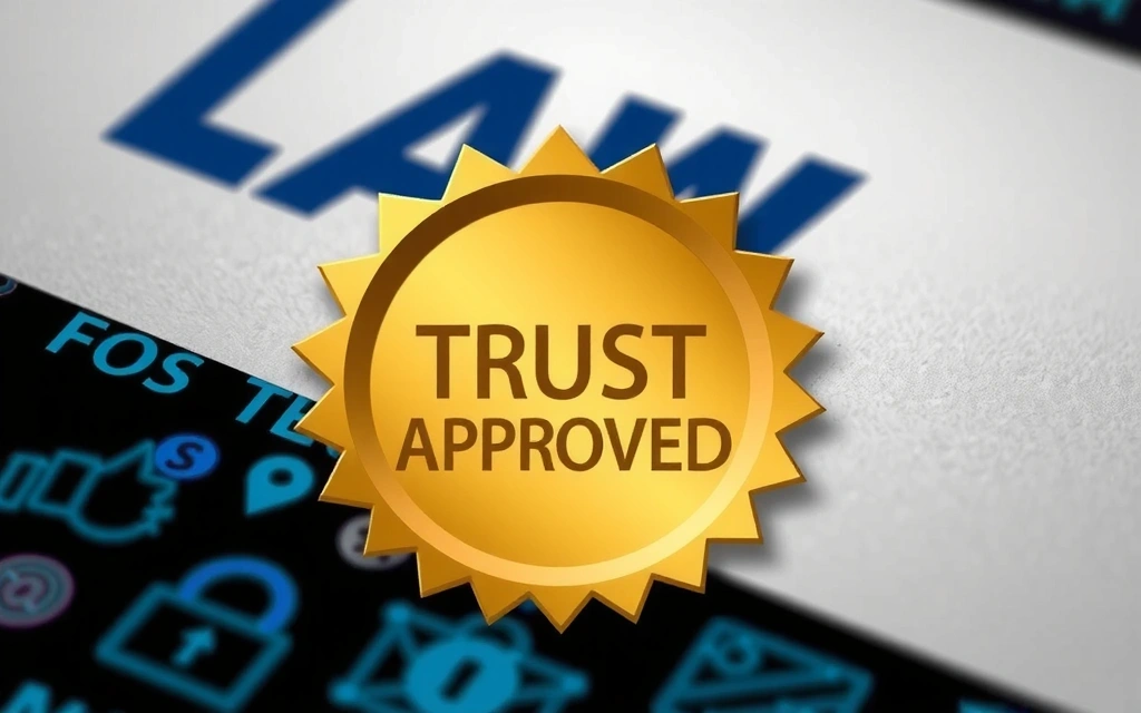 O imagine stilizată a unui sigiliu legal sau a unei ștampile de aprobare, cu un fundal abstract de texturi juridice și elemente de securitate digitală.